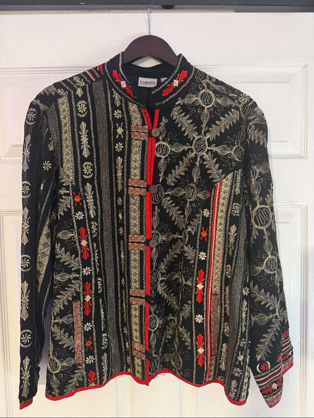 Chico's Black Jacket with Gold Embroidery and Red Trim